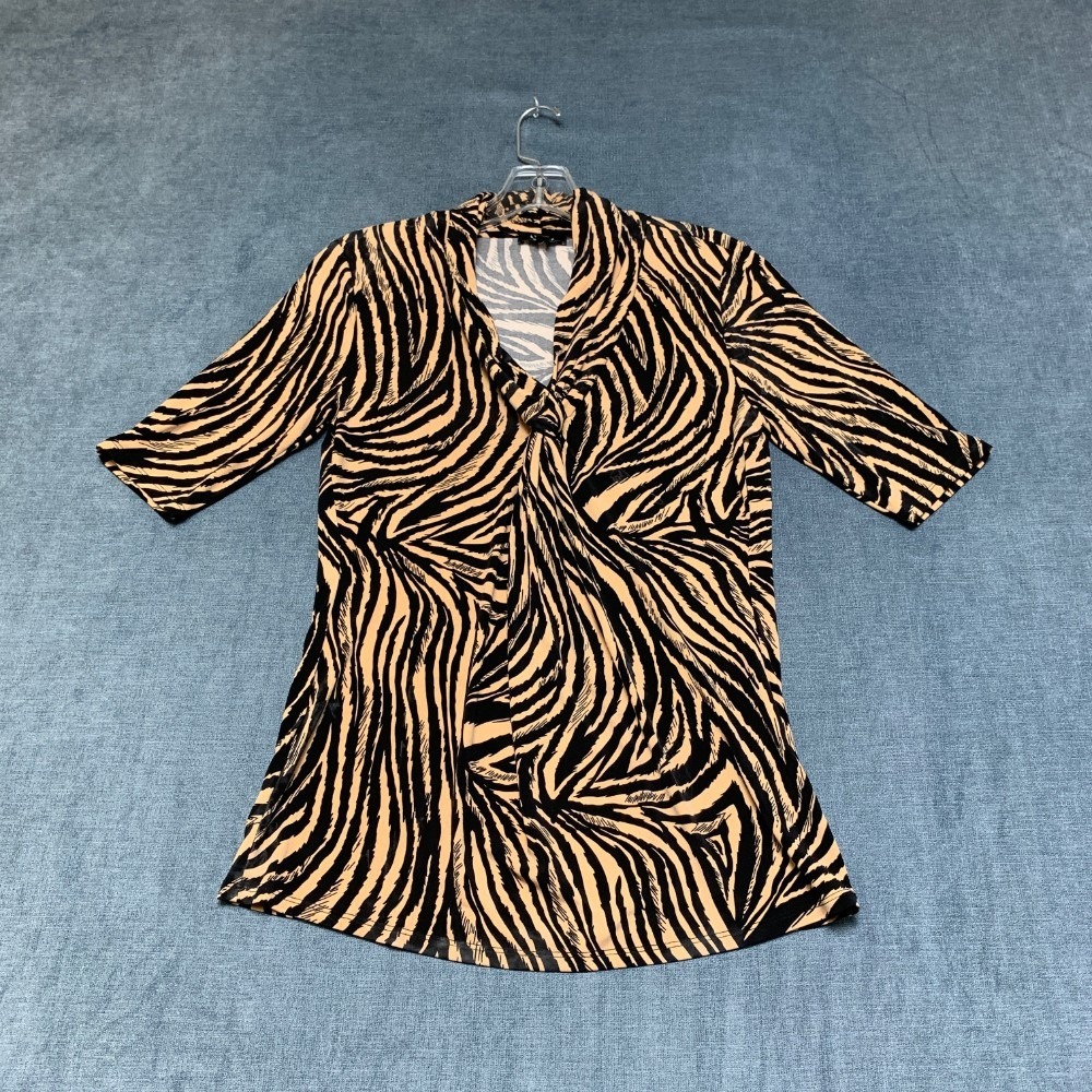 Premise Blouse Top Womens Small Beige Black Tiger Stripe Twist Front 3/4 Sleeve